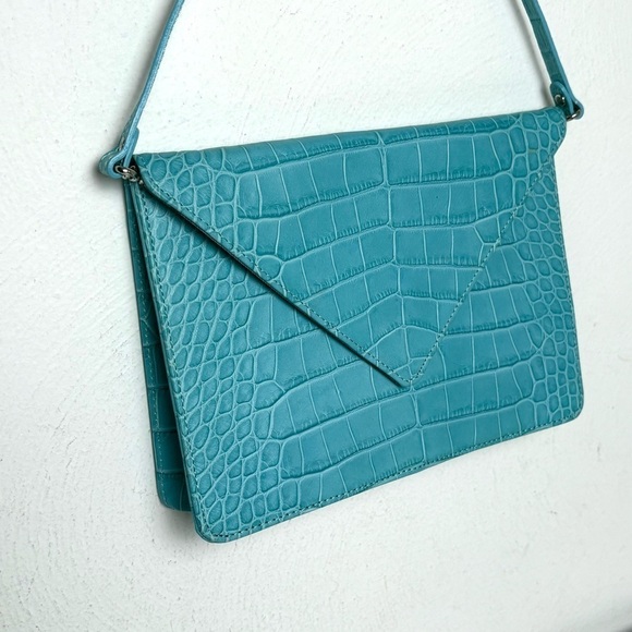 Bluefly Handbags - LAT for Bluefly Cerulean Croc Embossed Genuine Leather Convertible Clutch Purse